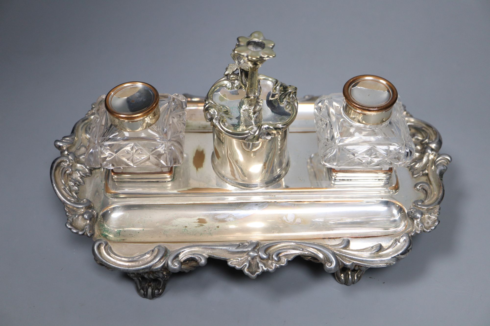 An old Sheffield plate desk stand, length 24cm